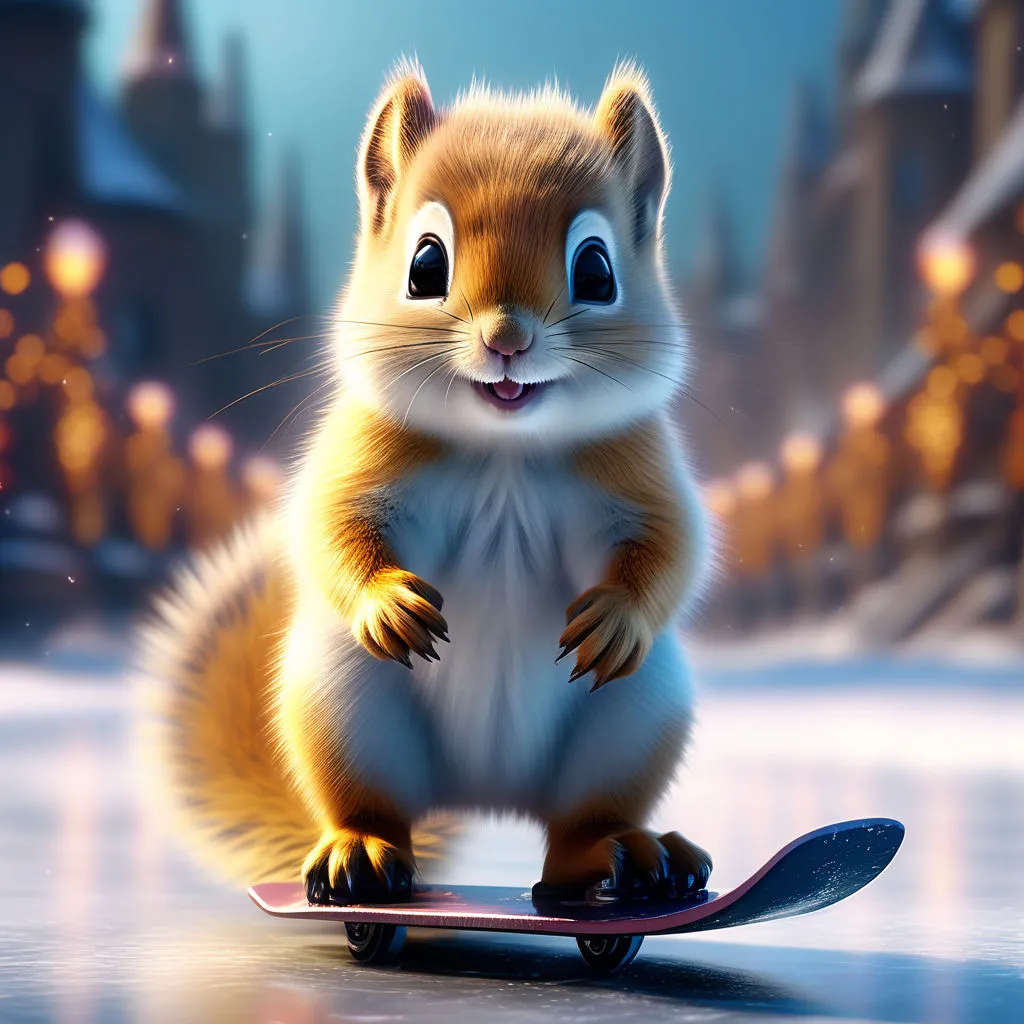 a cartoon squirrel riding a skateboard in the snow