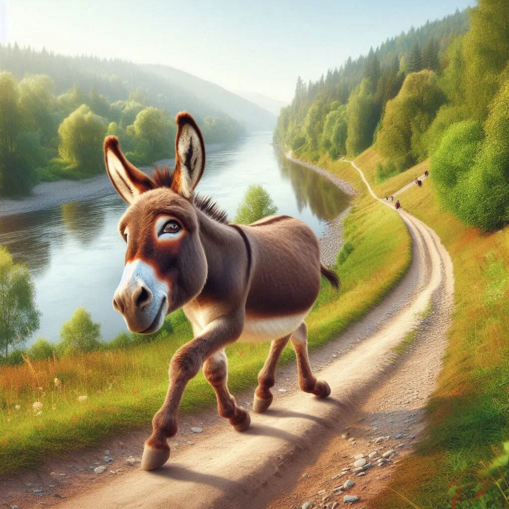 a donkey that is walking down a dirt road