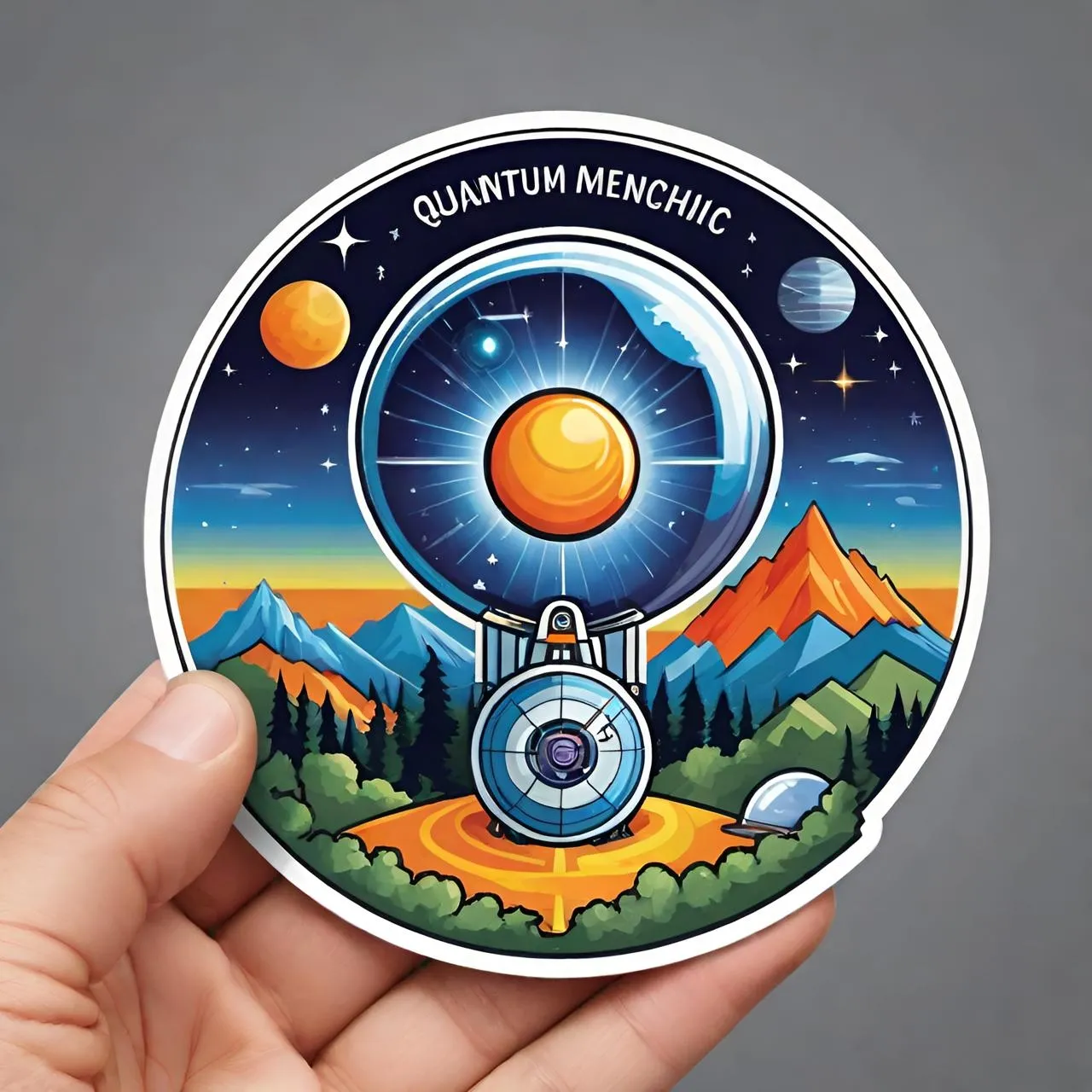 a hand holding a sticker with an image of a space station