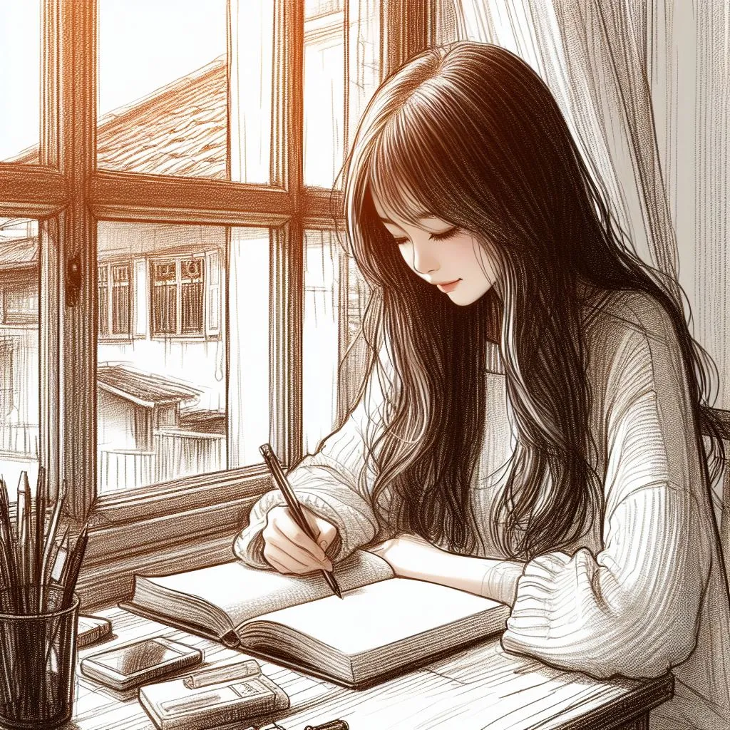 a drawing of a girl writing in a book