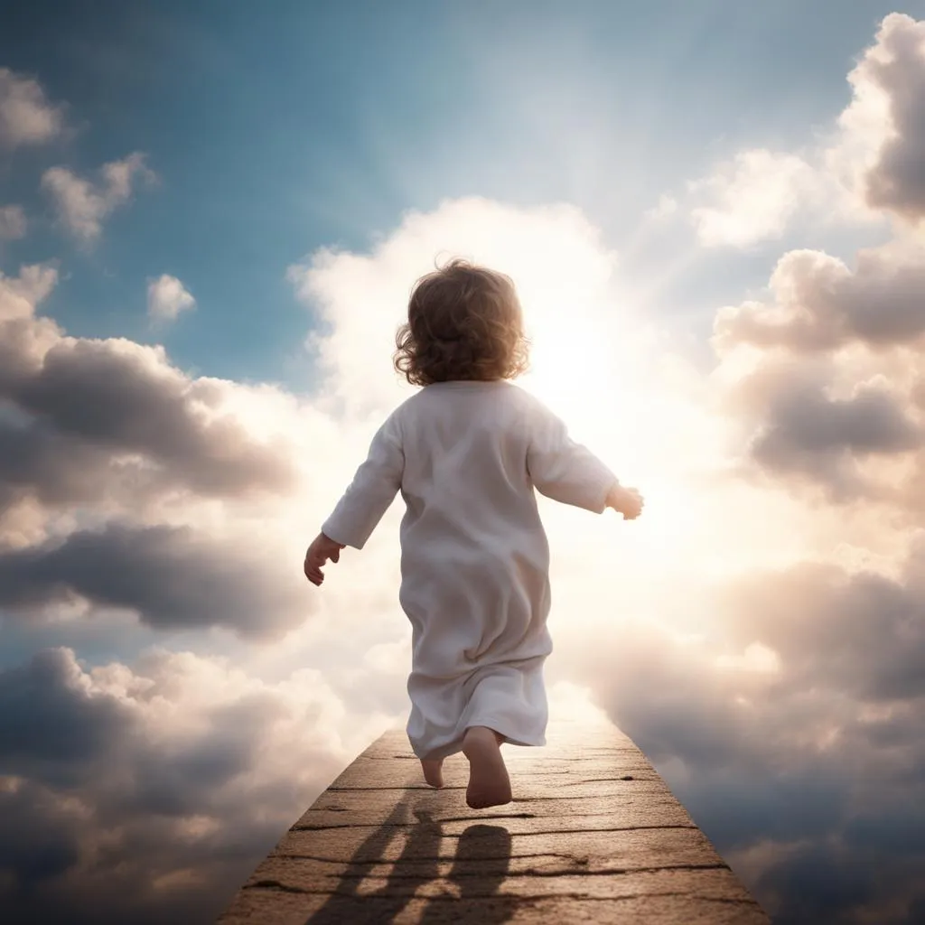 a baby is walking on a dock in the sky