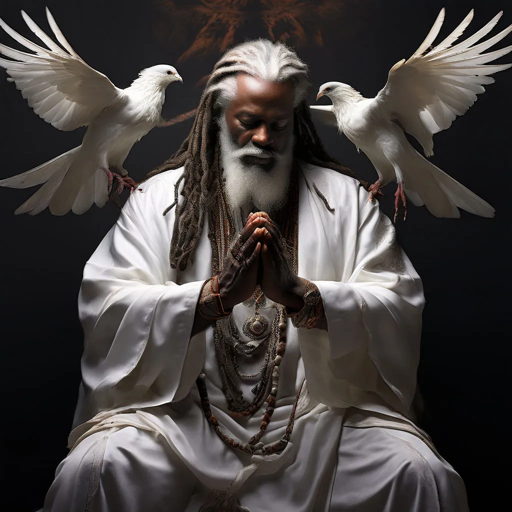 a man with dreadlocks and a white beard sitting in a chair with two