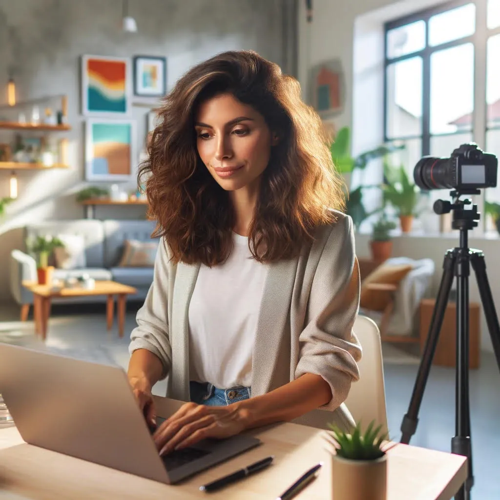 a woman sitting in front of a laptop computer