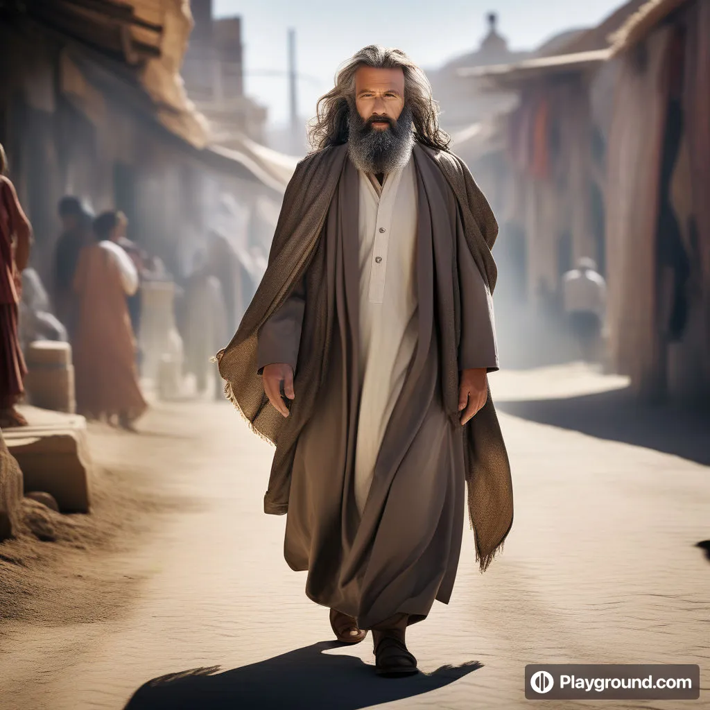 a man with a beard and a long robe walking down a street