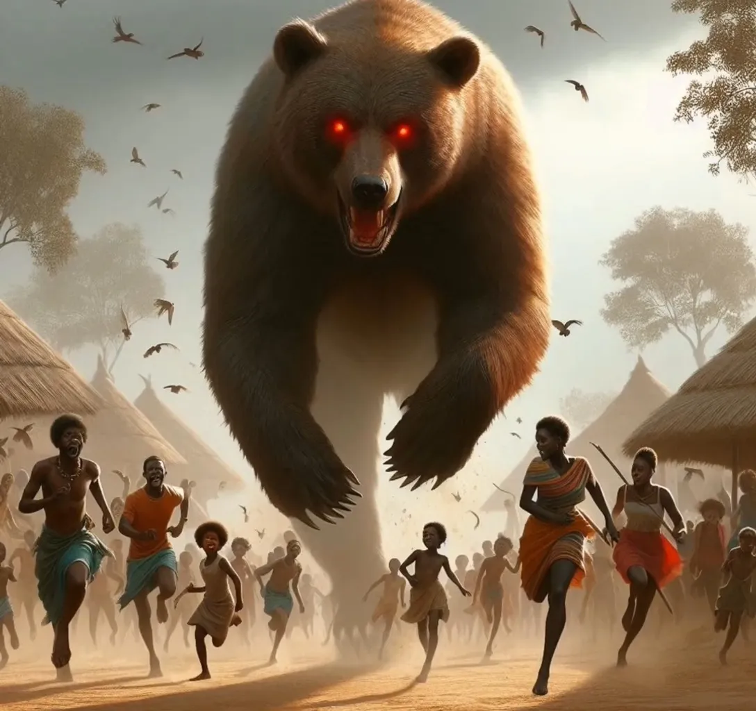  crowd of people running away from a large brown bear with red eyes