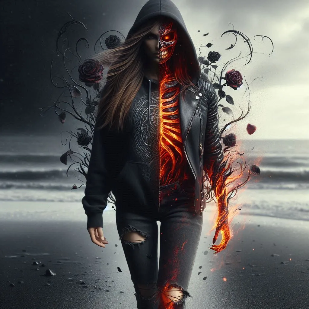 walking on black beach, woman half woman with long straight hair in the hoodie and jeans, with Celtic fire ornaments, second half like a demon, fused with black roses, front to the camera, dark fantasy theme, great details, realistic image, concept art 4K