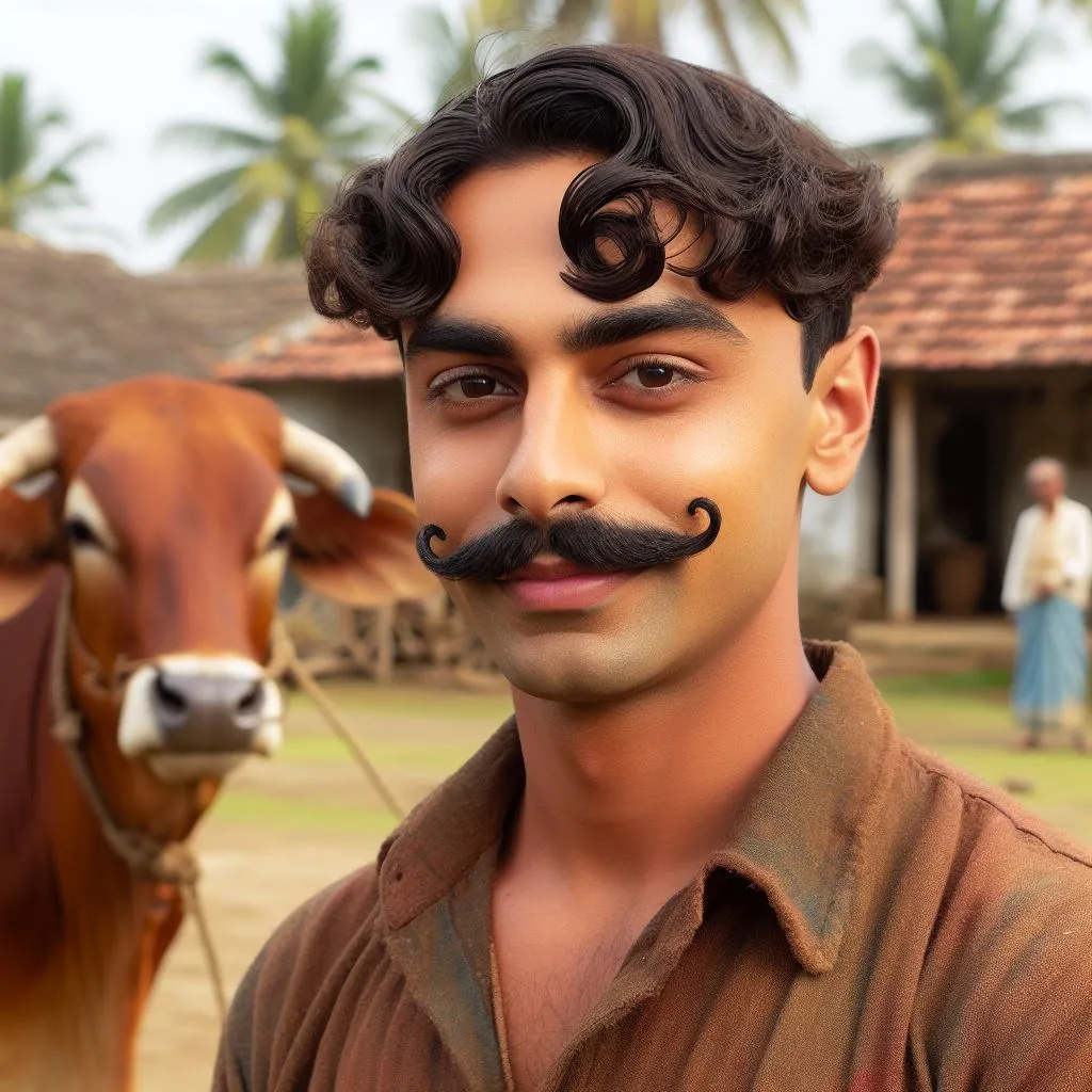 a man with a moustache stands next to a cow