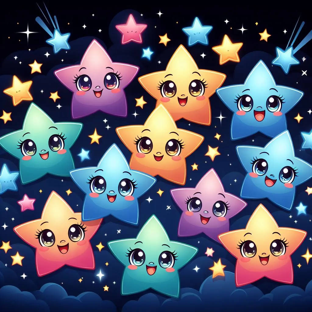 a group of stars with eyes and stars in the background