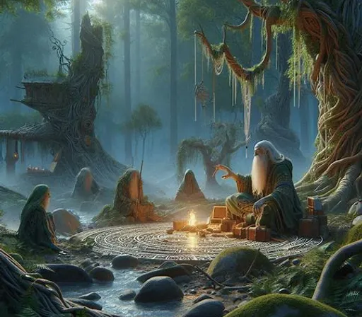 a painting of a wizard sitting in a forest