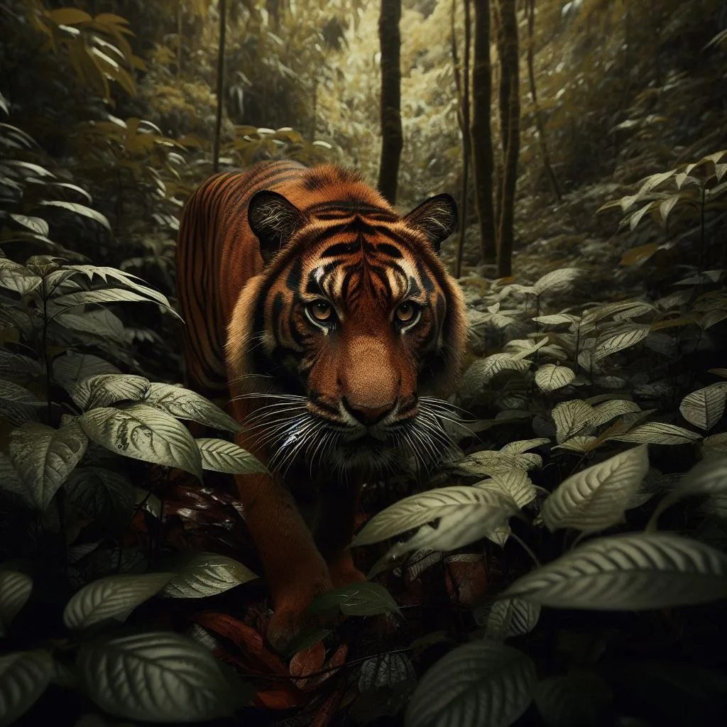 a tiger walking through a lush green forest