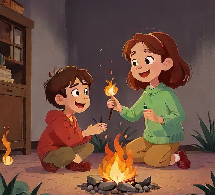 a boy and a girl sitting in front of a fire