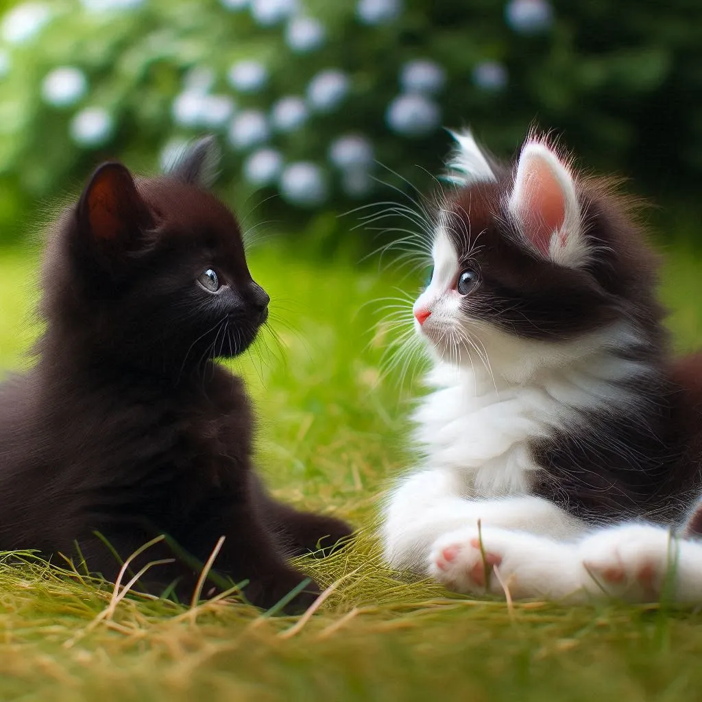 a couple of kittens sitting on top of a lush green field