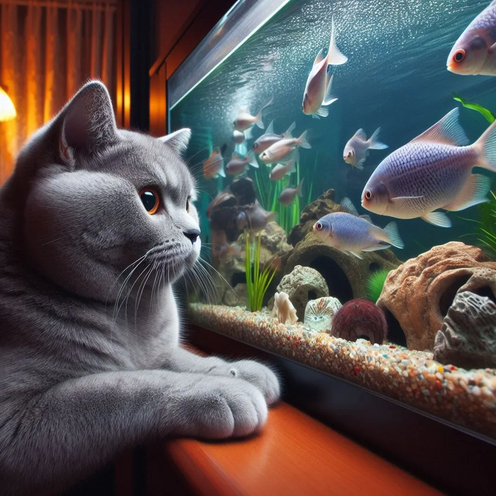 a cat is looking at a fish in an aquarium