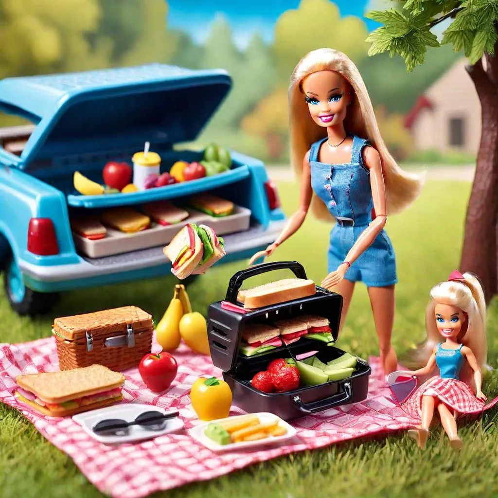 a barbie doll is setting up a picnic