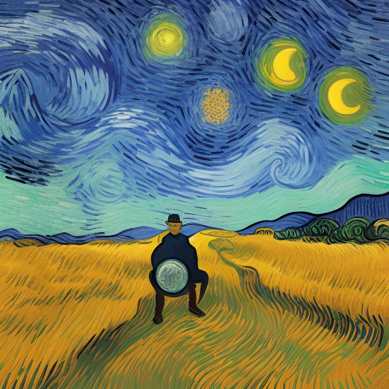 a painting of a man sitting in a wheat field