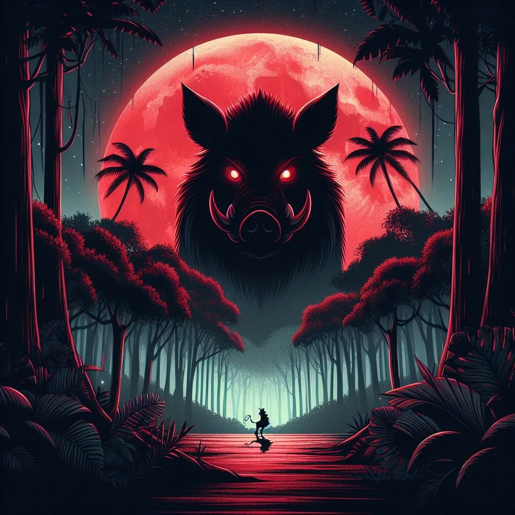 a person standing in the middle of a forest under a red moon