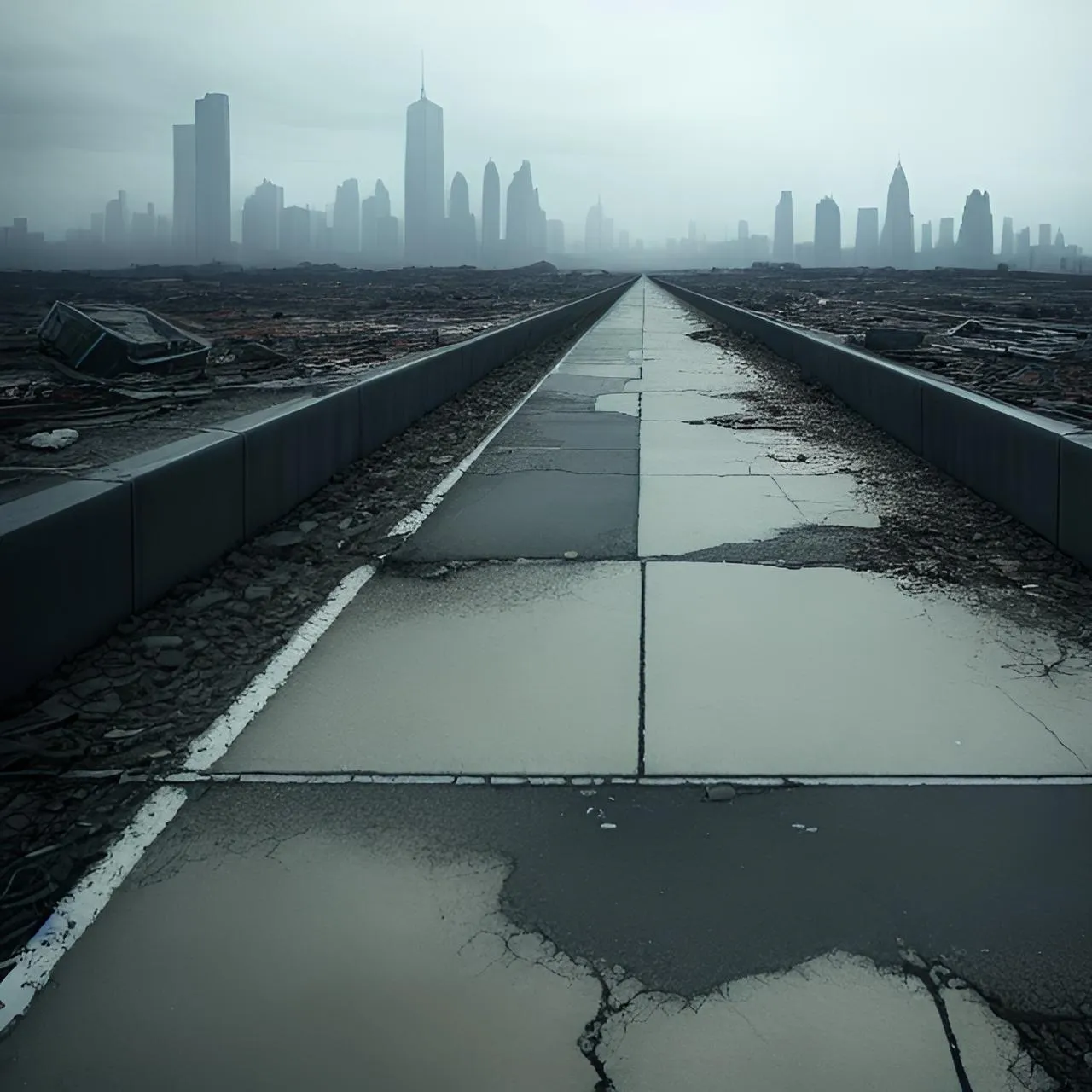 an empty runway with a city in the background