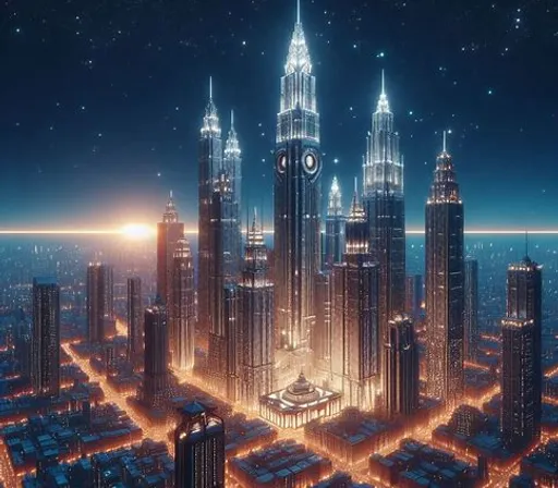 a futuristic city at night with a clock in the middle