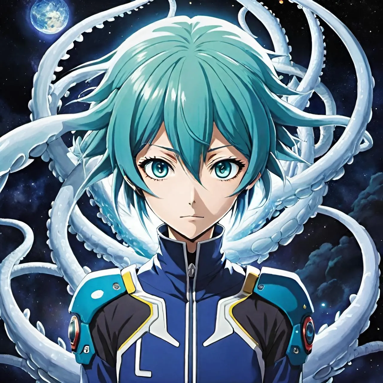 an anime character with green hair and blue eyes