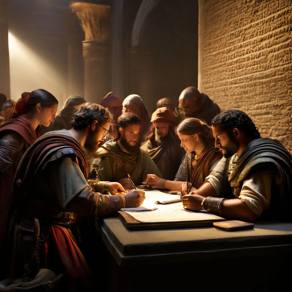 a group of people standing around a table