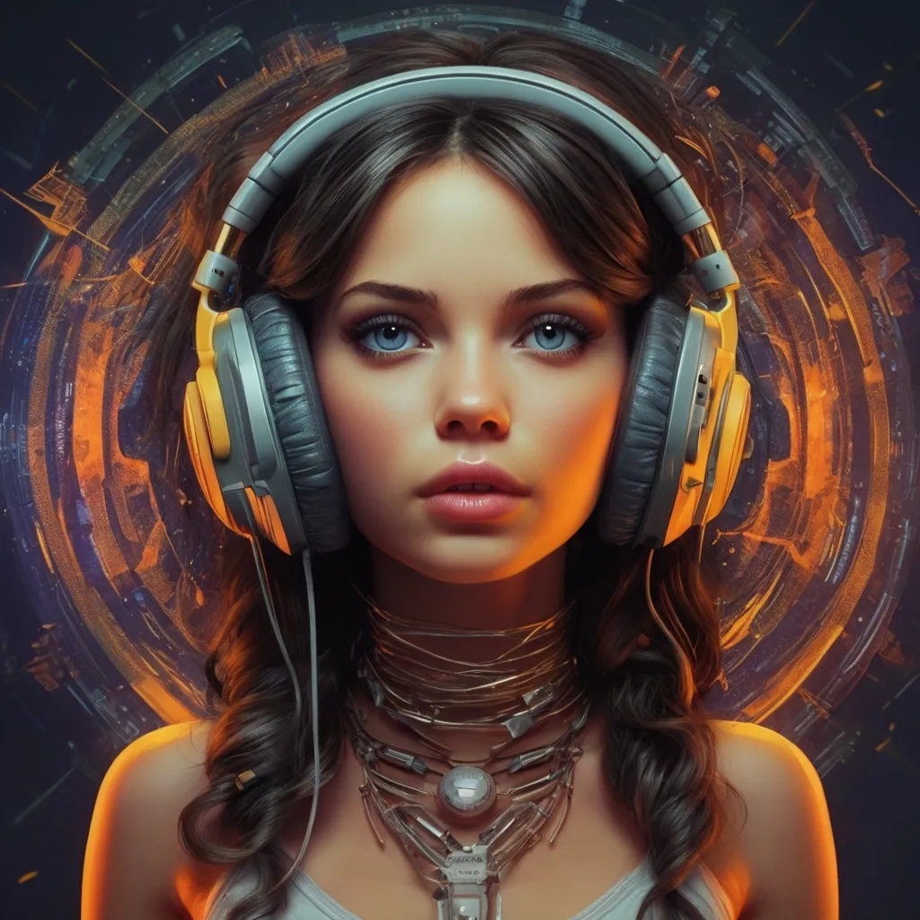 a woman wearing headphones with a futuristic background