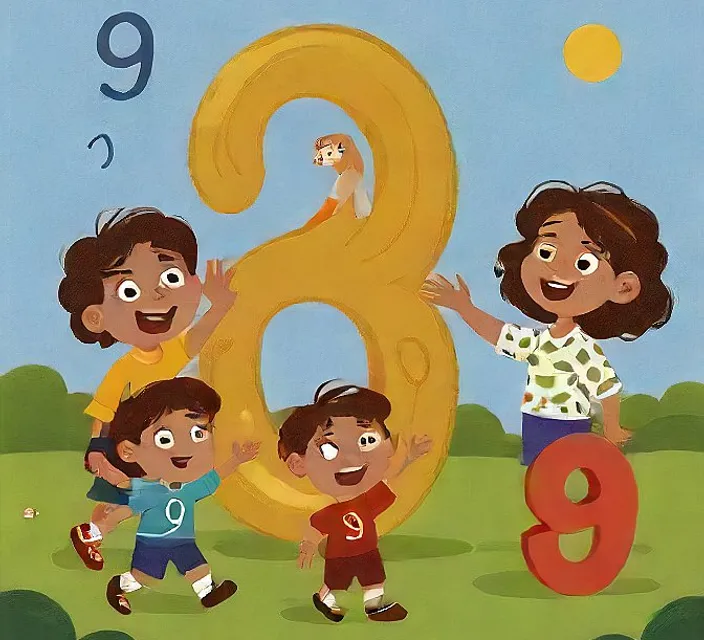 a group of children standing next to a giant number