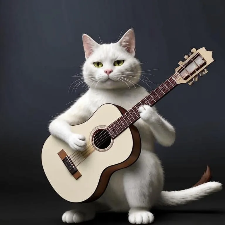 a white cat holding a guitar in its paws  The cat has one tail
