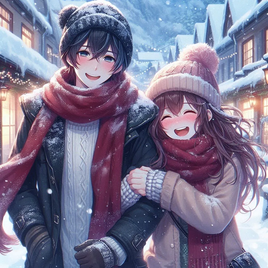 a couple of anime that are standing in the snow