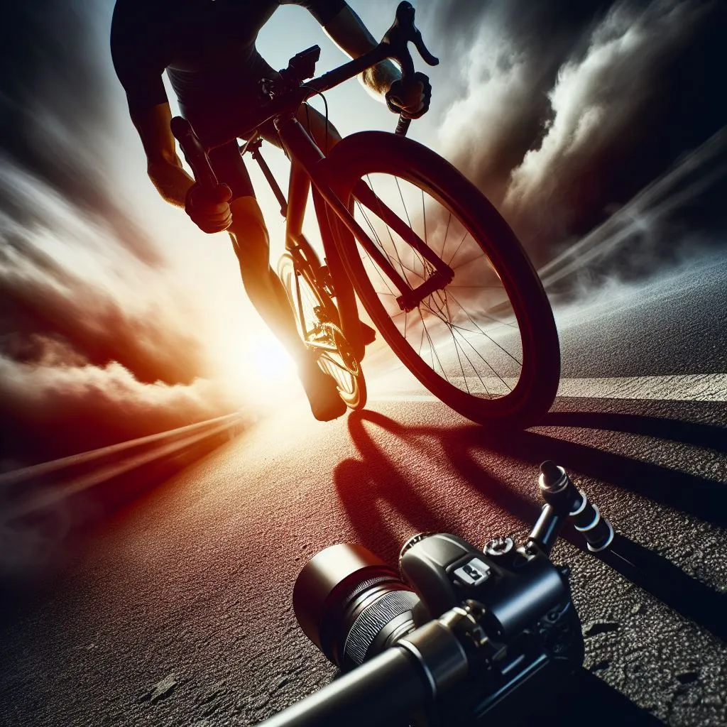 The cyclist passes over a camera placed on the ground, creating a dramatic effect.