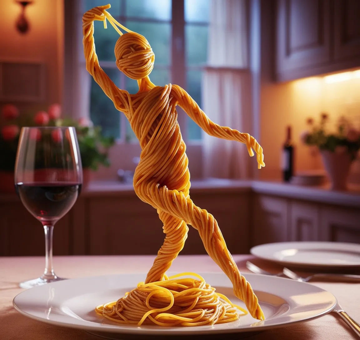 Create a whimsical and artistic scene featuring a single human like figure made entirely of spaghetti. The figure should appear to be dancing gracefully on a plate. The background should depict a cozy kitchen setting with warm, ambient lighting, creating a romantic and intimate atmosphere. Include elements such as a glass of red wine and a beautifully set table to enhance the mood.