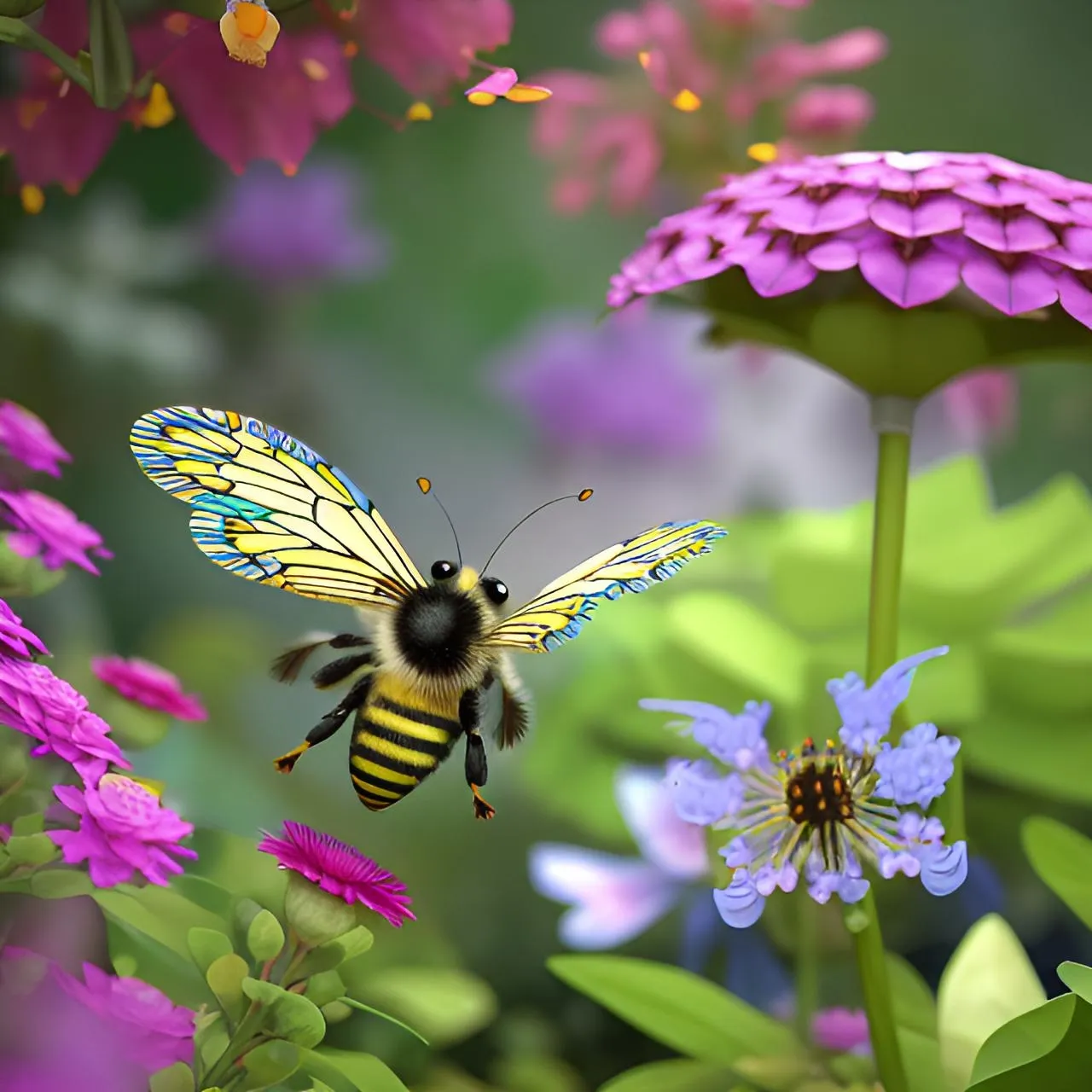 a bee flying over a bunch of flowers