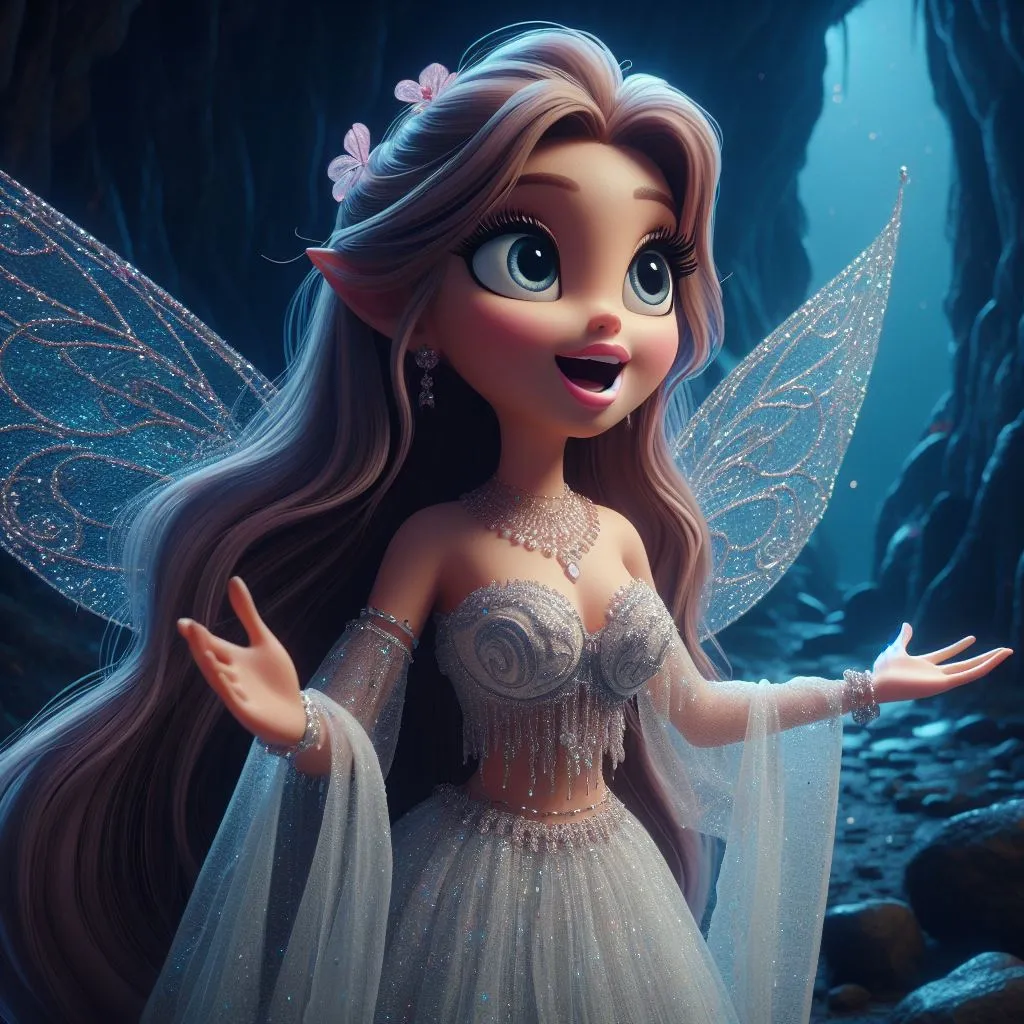  a fairy wearing a shimmery  white lehenga  with long hair big eyes, with pink big  lips   talking with moving hands   standing in a rocky dark cave  animation cartoon zoom in 