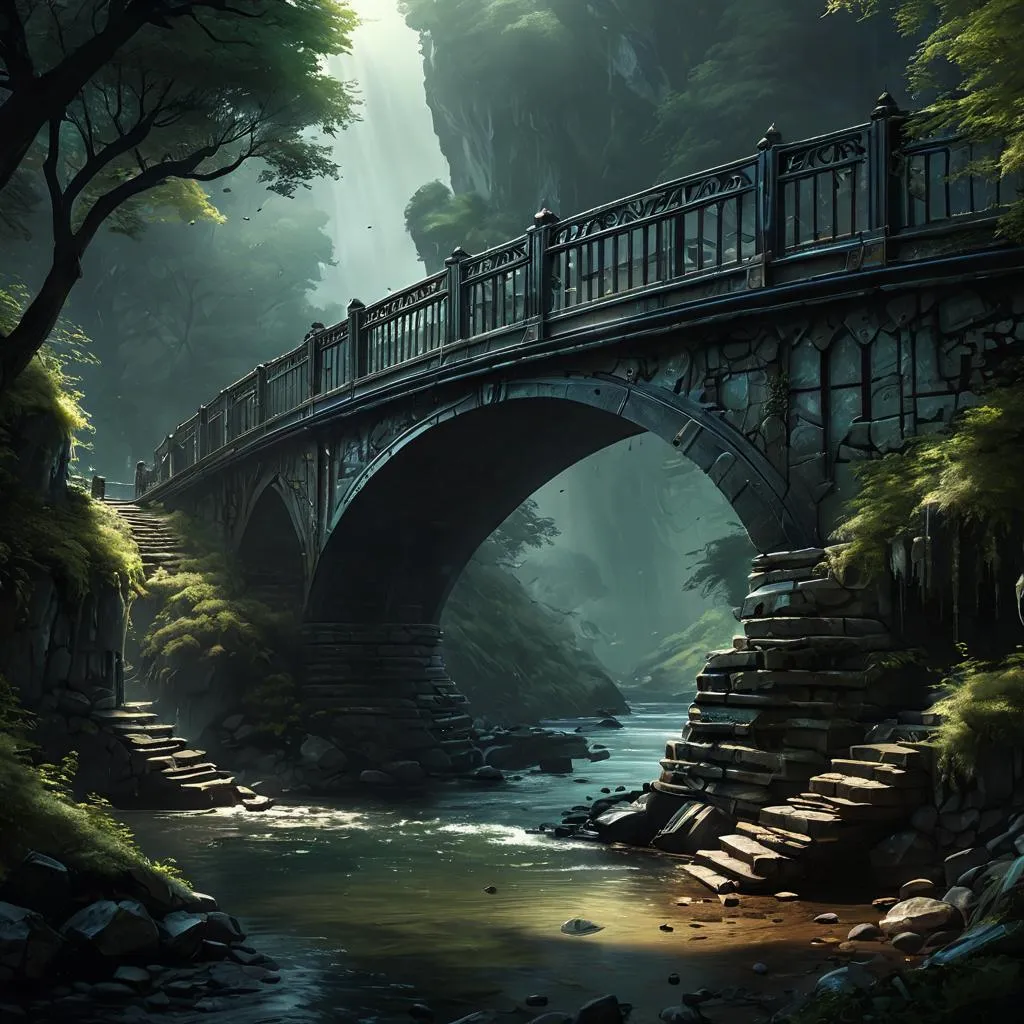 a painting of a bridge over a river