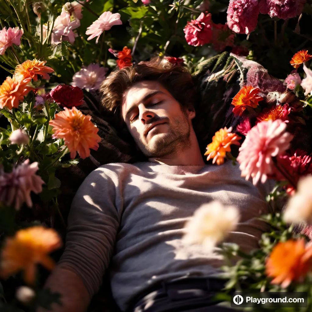 a man laying in a field of flowers