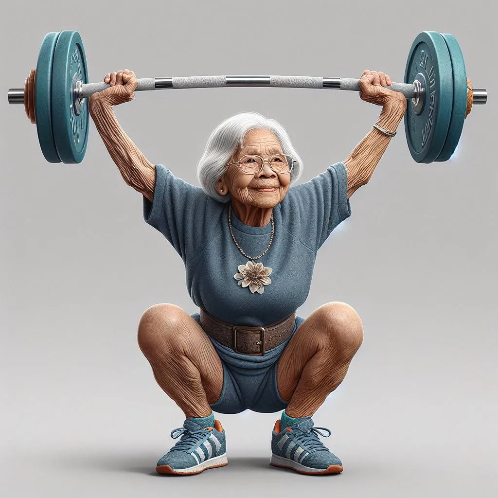 an elderly woman squatting with a barbell on her back