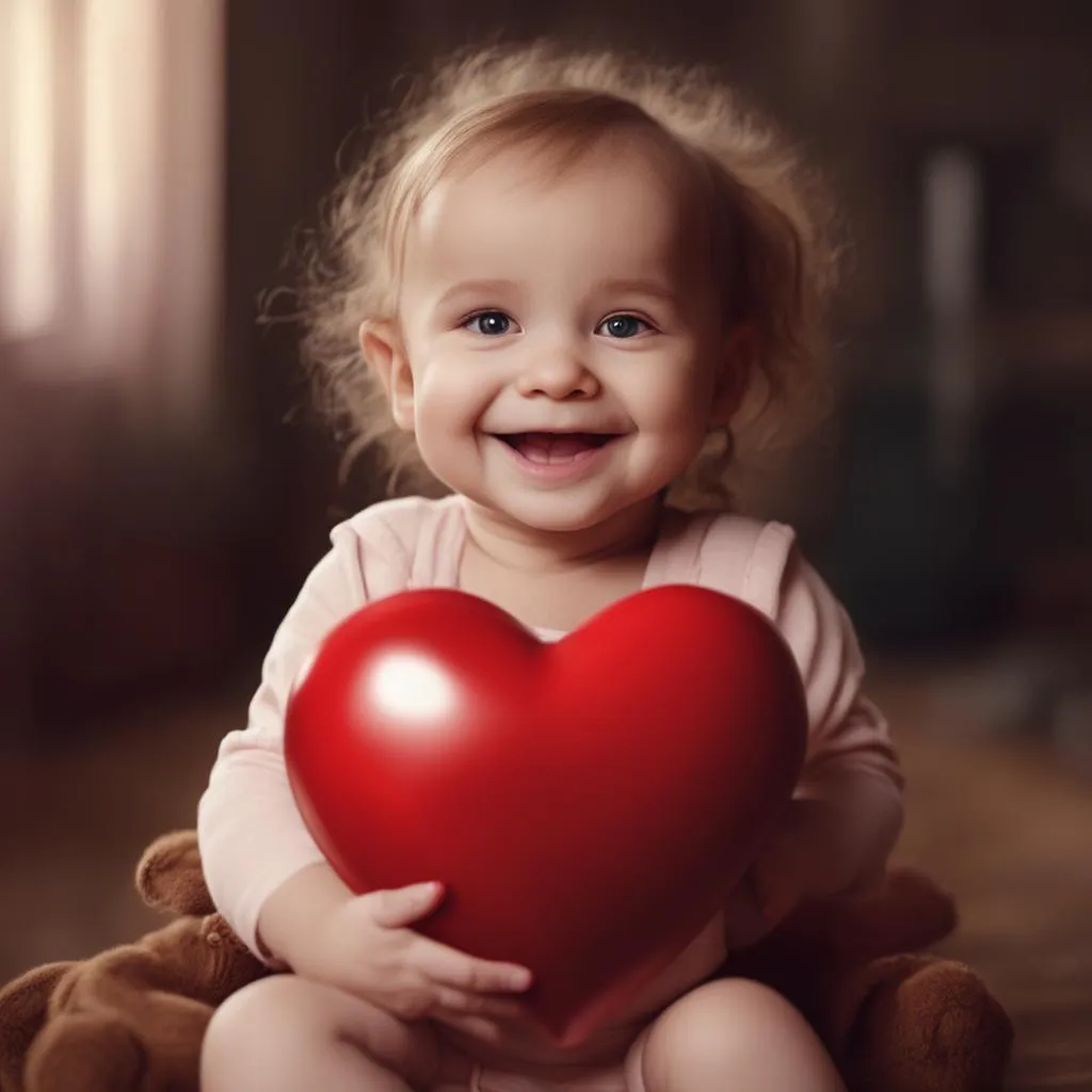 a little girl holding a red heart in her hands