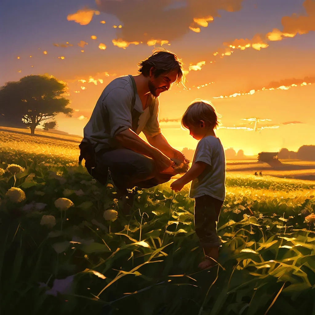 a man kneeling down next to a little boy in a field