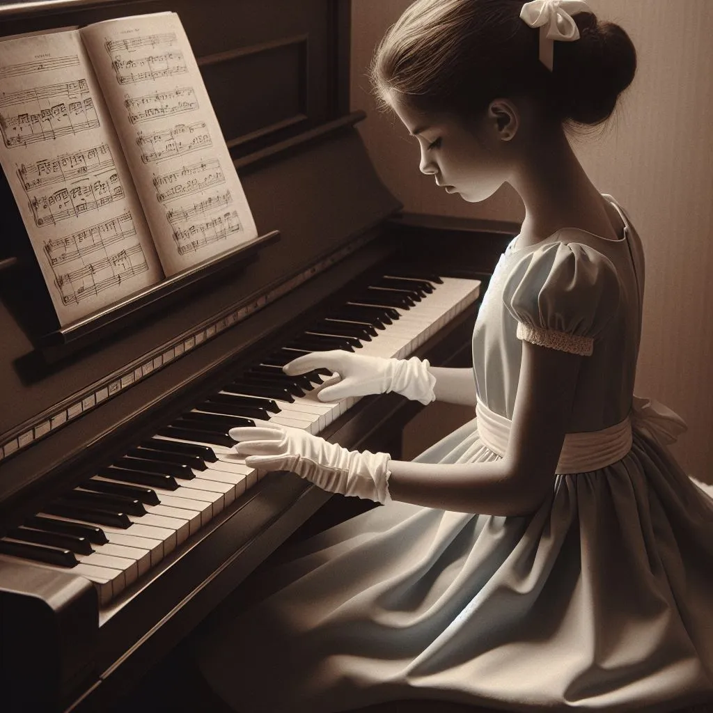 a girl in a dress playing a piano