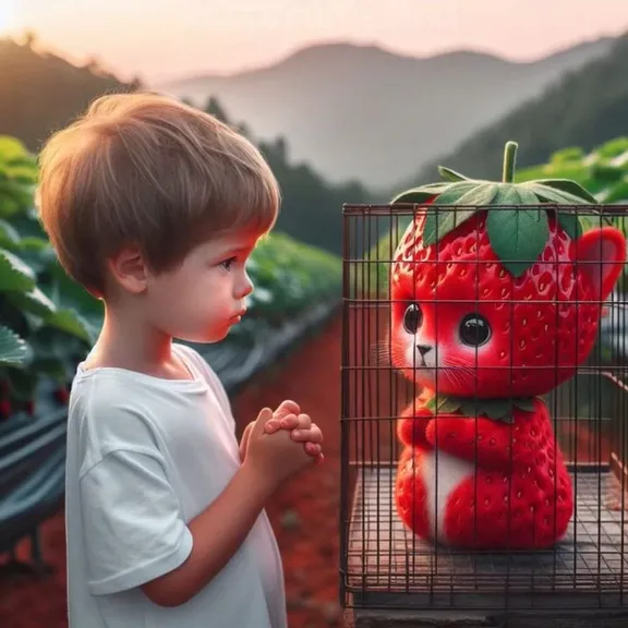 a little boy standing in front of a strawberry kitty