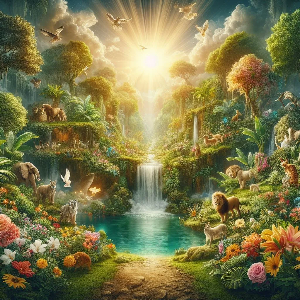 a painting of a jungle scene with animals and a waterfall