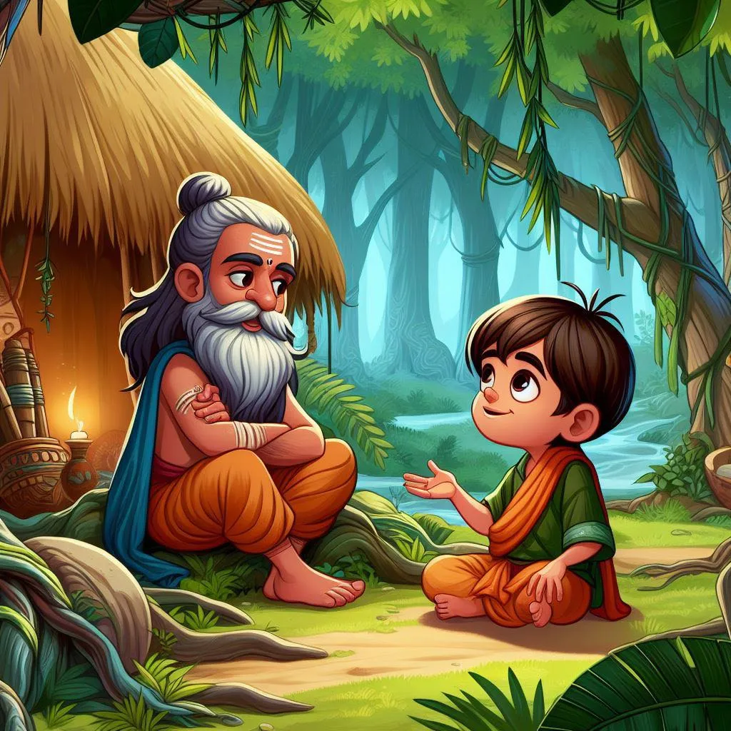 a boy and an old sage in the forest