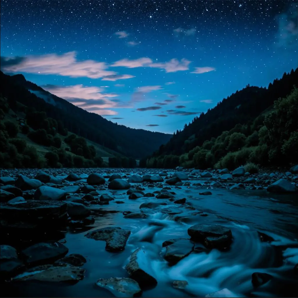 a river running through a lush green forest under a night sky