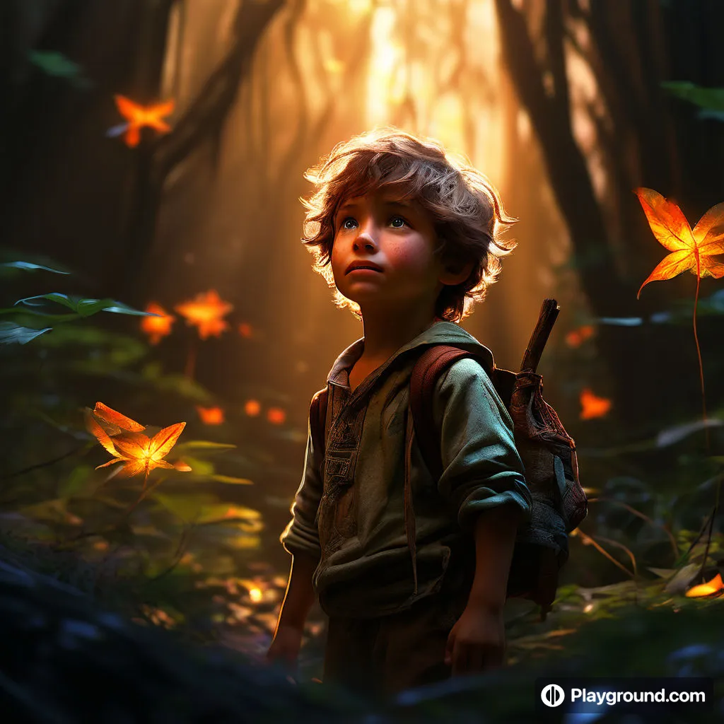 a young boy standing in the middle of a forest