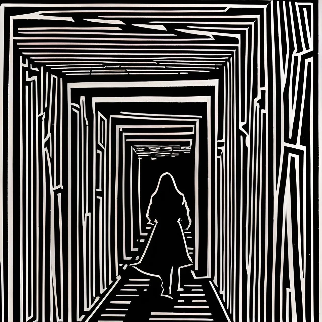 a woman walking down a long hallway with a suitcase