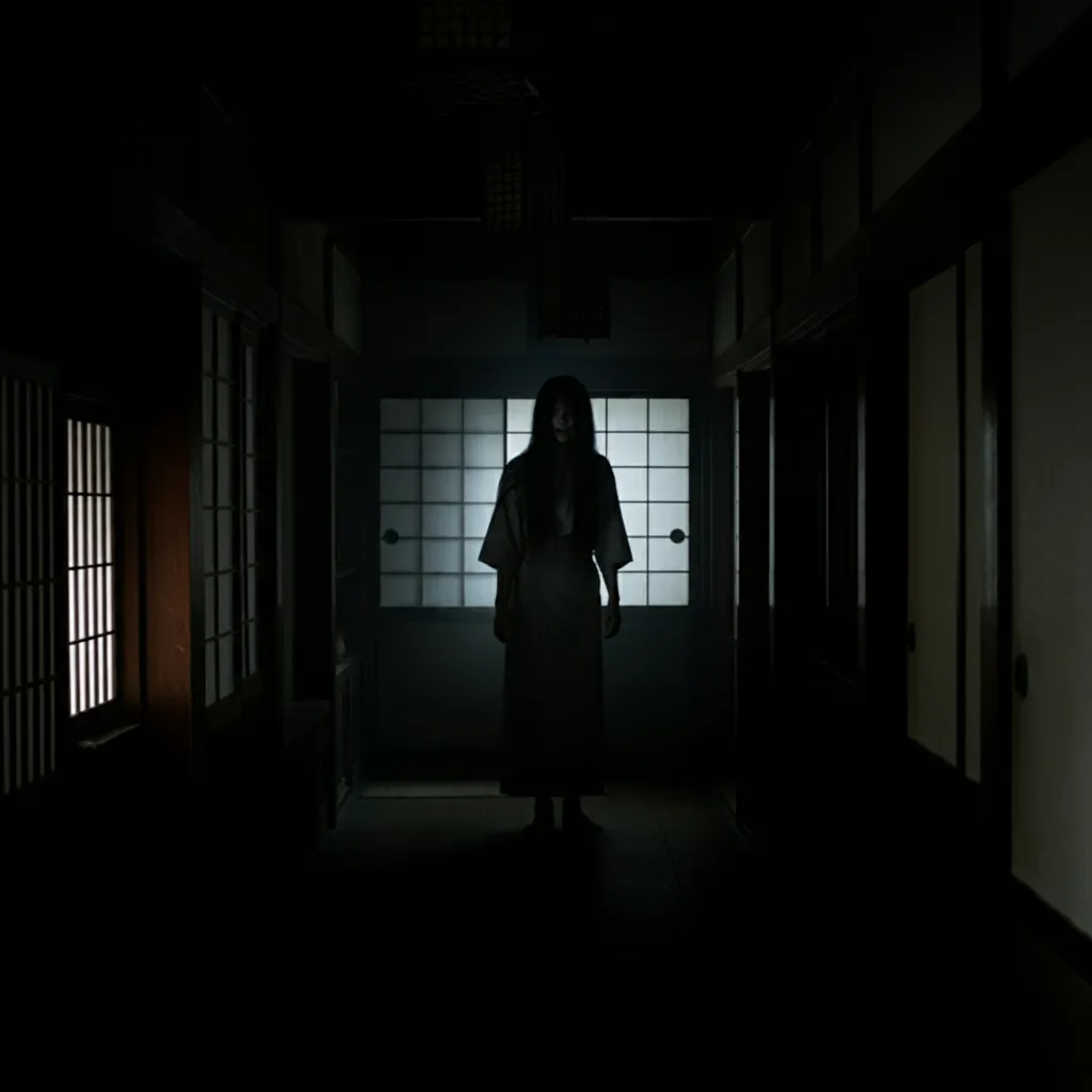 a person standing in a dark hallway with a light on.Fixed background