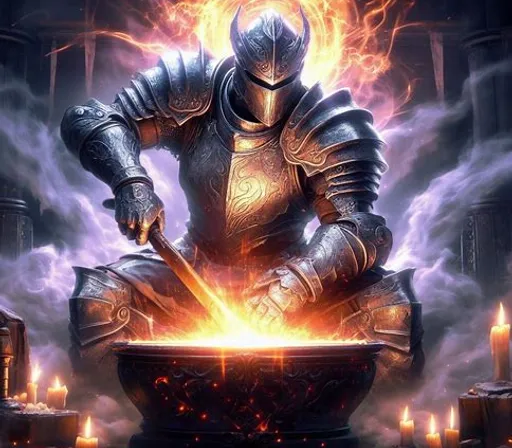 a man in armor sitting in a bowl surrounded by candles