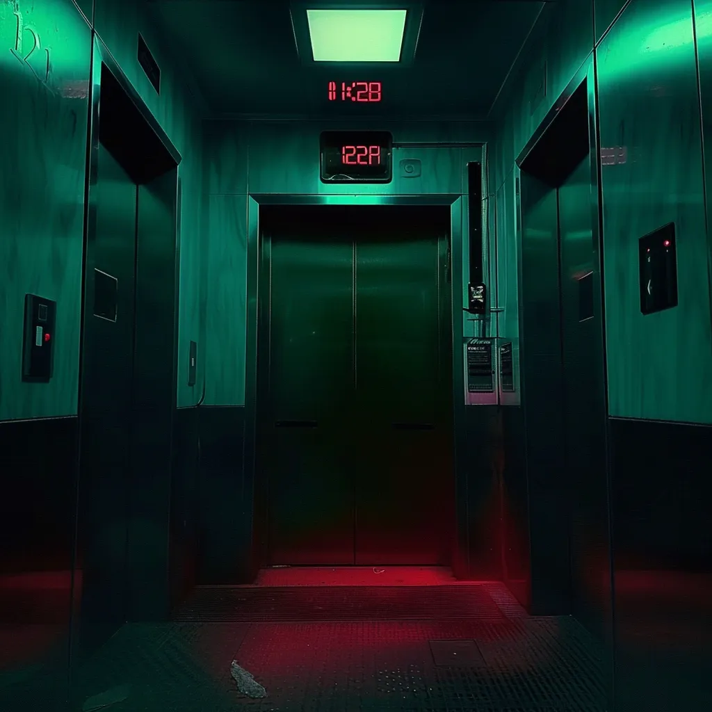 a green hallway with a red clock on the wall