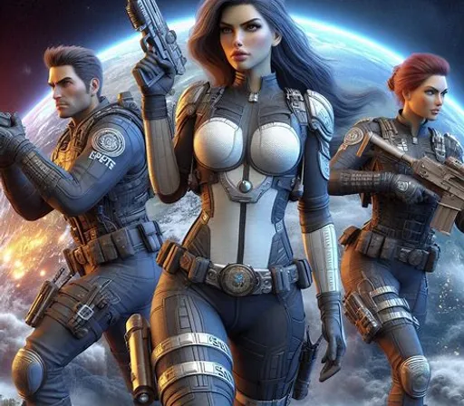 a group of women holding guns in front of a planet