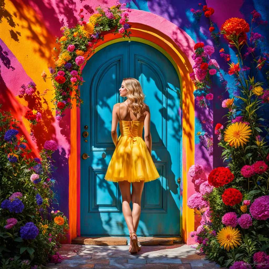 a woman in a yellow dress standing in front of a blue door