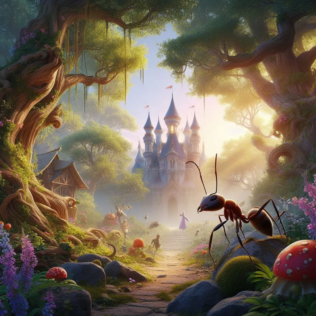 a painting of an ant in a forest with a castle in the background